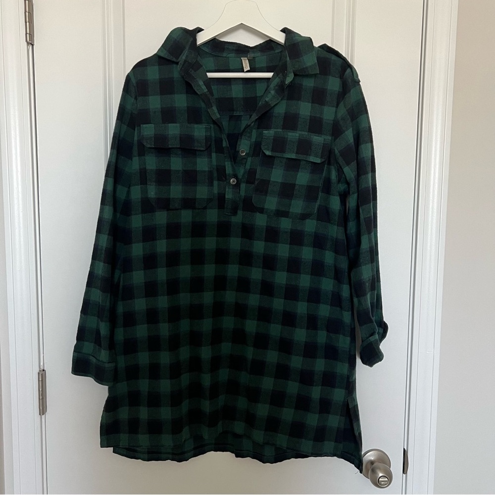 Green and Black Plaid Shirt Dress